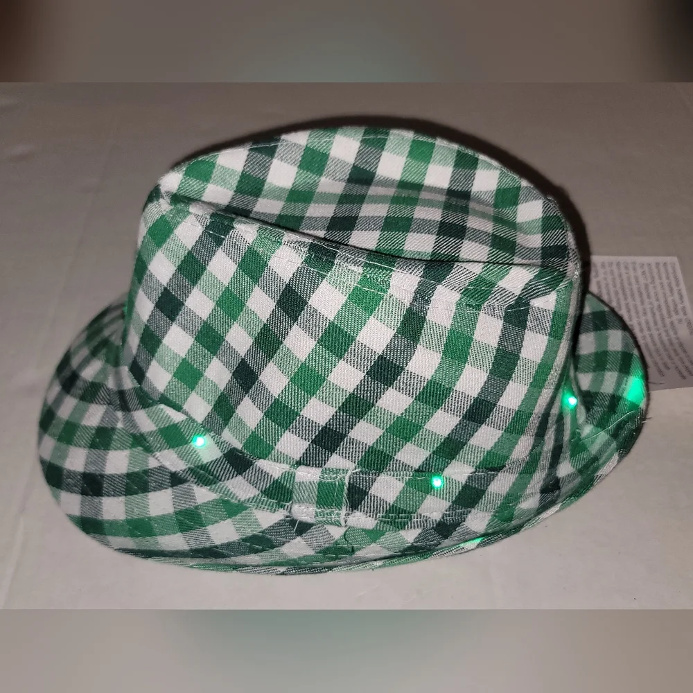 Green White Checkered Plaid Striped Light Up Fedora Hat Lighted